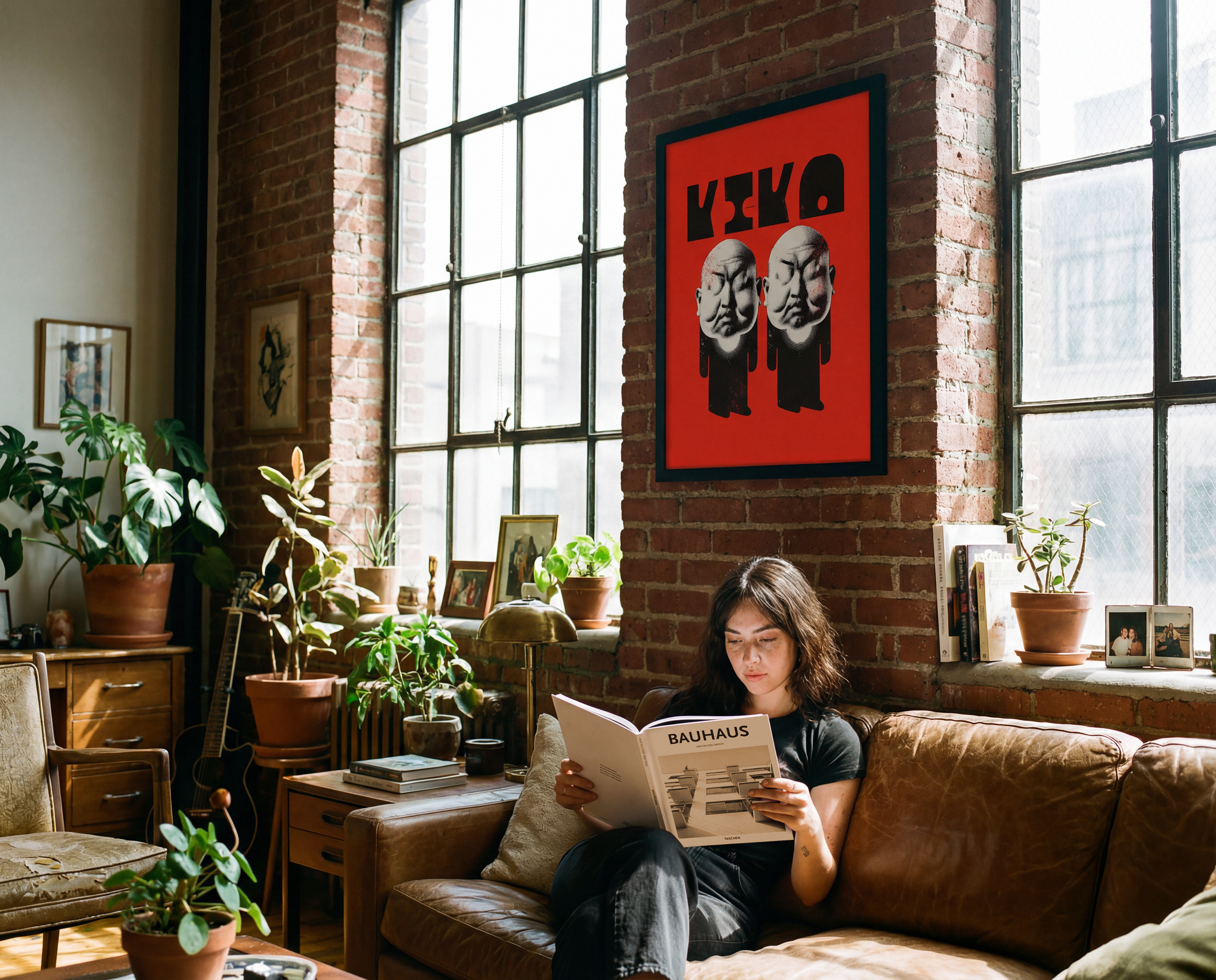 Person reading a book on a brown couch in a room with large windows and a red poster on the wall.