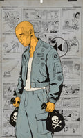 Man in military-style jacket holding black bags with skull designs, comic book panels in the background