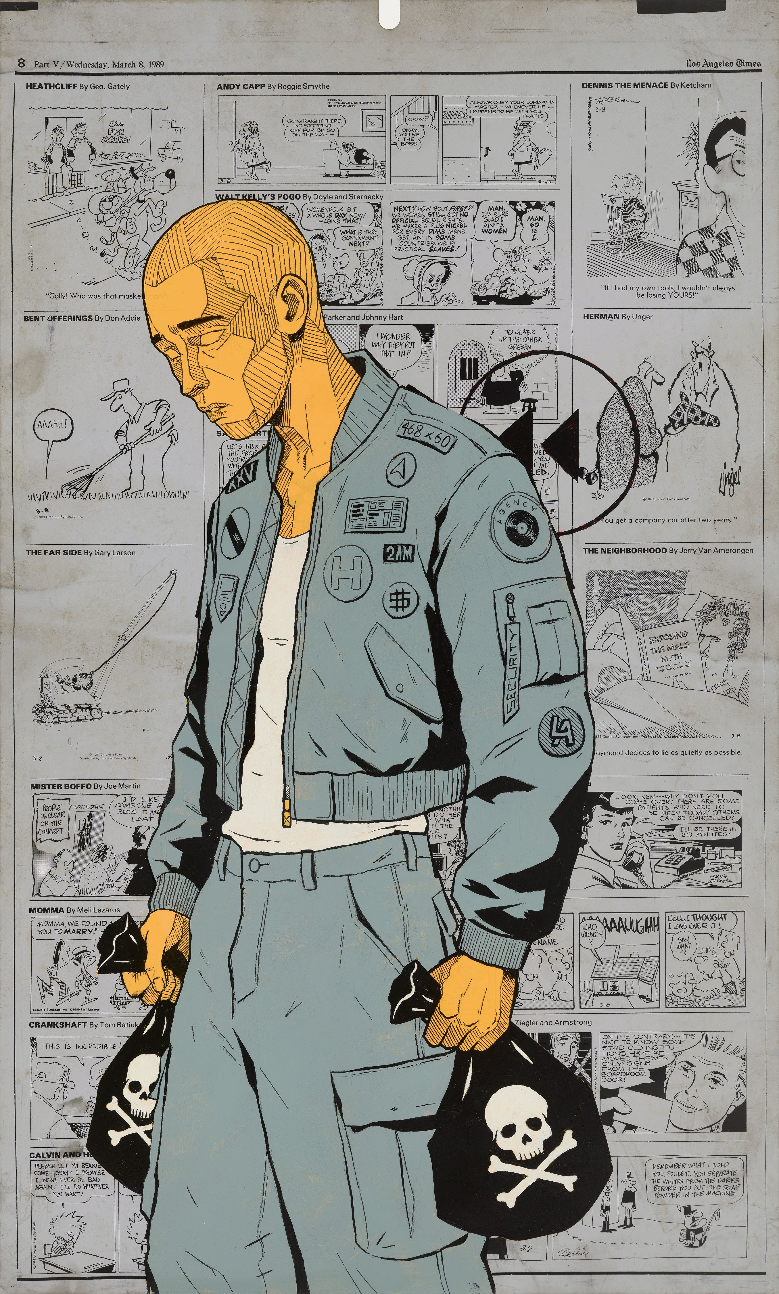Man in military-style jacket holding black bags with skull designs, comic book panels in the background